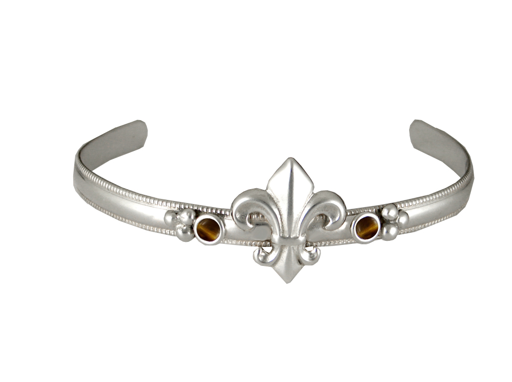 Sterling Silver Fleur de Lis Cuff Bracelet With Tiger Eye